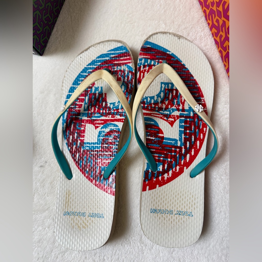 Tory Burch Teal & Red Flip Flop Sandals size 8